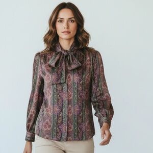 Ladies long sleeve silky blouse Size 10 small shoulder pads festive Mardi Gras!